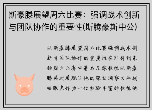 斯豪滕展望周六比赛：强调战术创新与团队协作的重要性(斯腾豪斯中公)