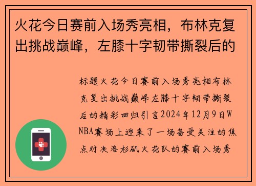火花今日赛前入场秀亮相，布林克复出挑战巅峰，左膝十字韧带撕裂后的精彩回归