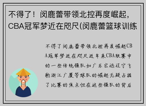 不得了！闵鹿蕾带领北控再度崛起，CBA冠军梦近在咫尺(闵鹿蕾篮球训练营精英队)